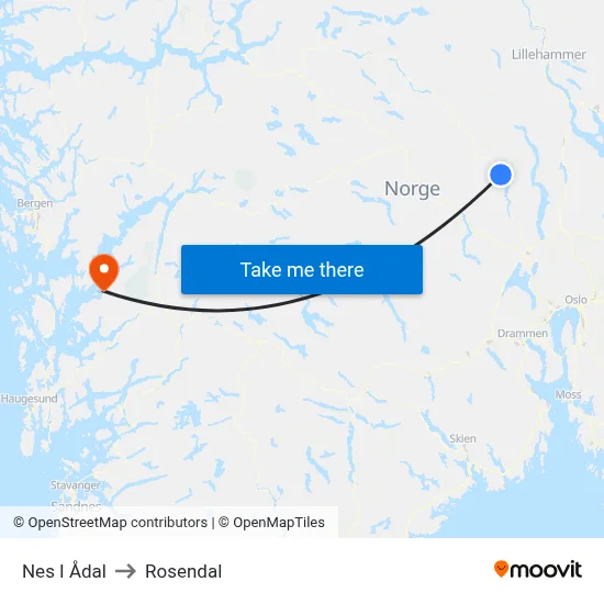Nes I Ådal to Rosendal map