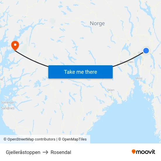 Gjelleråstoppen to Rosendal map