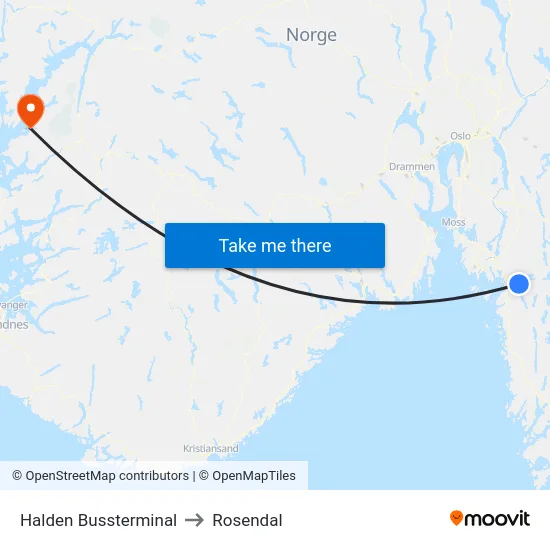 Halden Bussterminal to Rosendal map