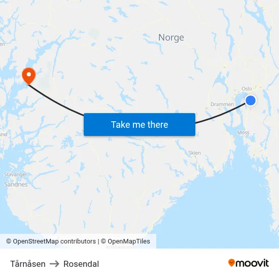Tårnåsen to Rosendal map