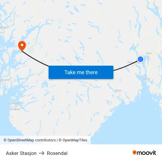 Asker Stasjon to Rosendal map