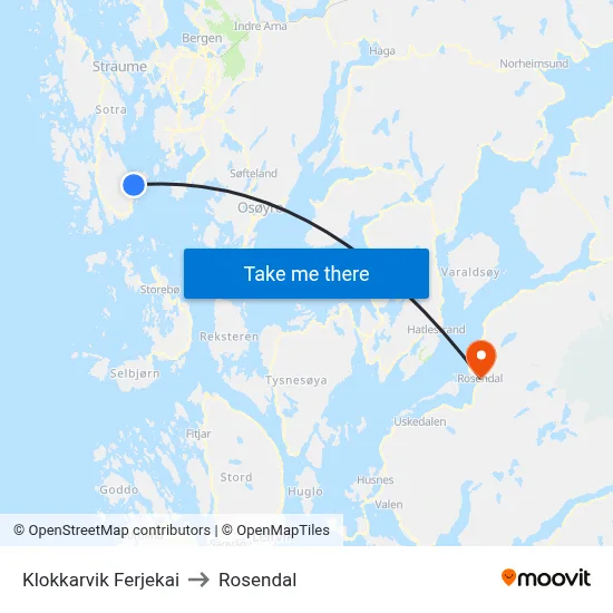 Klokkarvik Ferjekai to Rosendal map