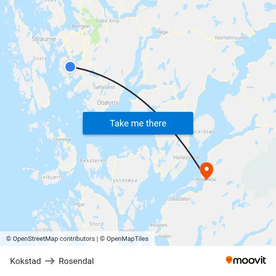 Kokstad to Rosendal map