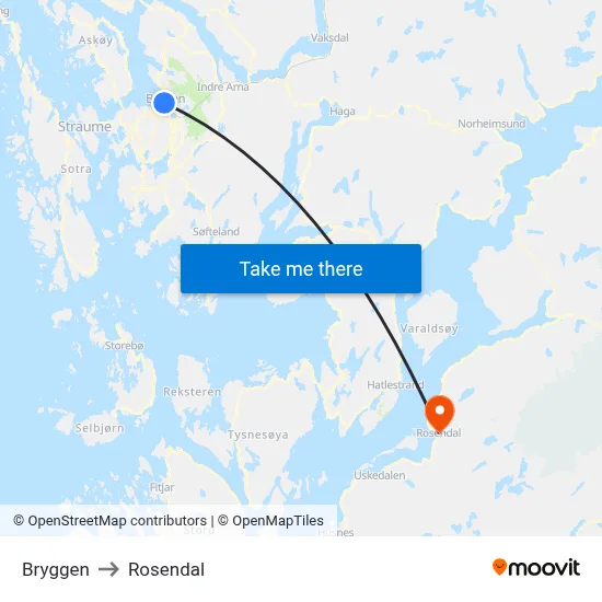 Bryggen to Rosendal map