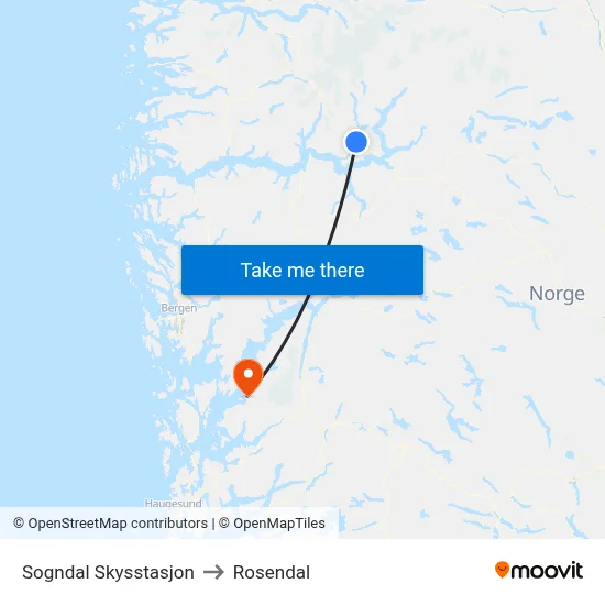 Sogndal Skysstasjon to Rosendal map