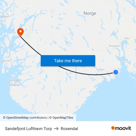 Sandefjord Lufthavn Torp to Rosendal map