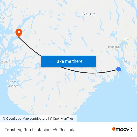 Tønsberg Rutebilstasjon to Rosendal map
