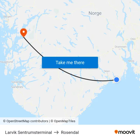 Larvik Sentrumsterminal to Rosendal map