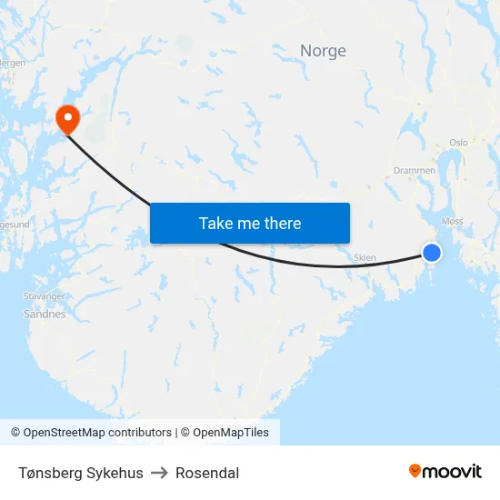 Tønsberg Sykehus to Rosendal map