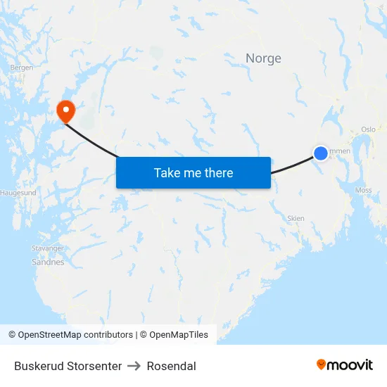 Buskerud Storsenter to Rosendal map