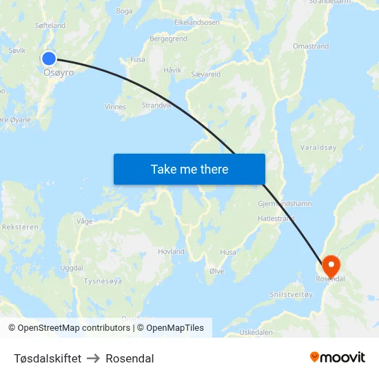 Tøsdalskiftet to Rosendal map