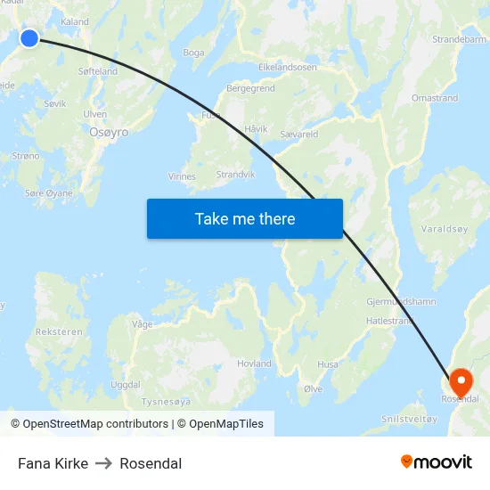 Fana Kirke to Rosendal map