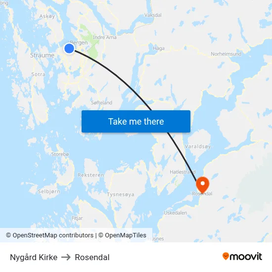 Nygård Kirke to Rosendal map