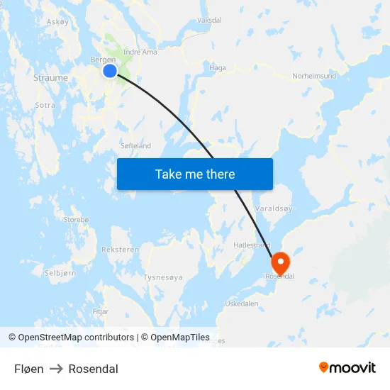 Fløen to Rosendal map