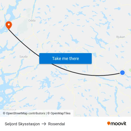 Seljord Skysstasjon to Rosendal map