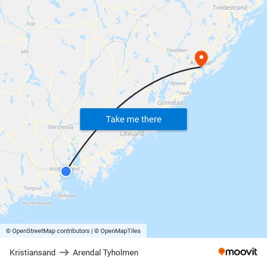 Kristiansand to Arendal Tyholmen map