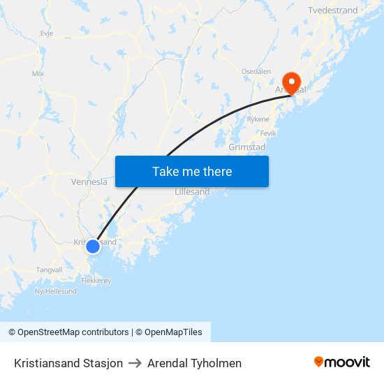 Kristiansand Stasjon to Arendal Tyholmen map