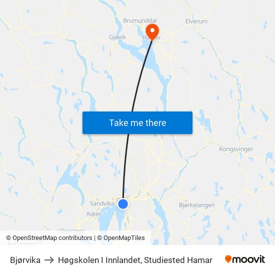 Bjørvika to Høgskolen I Innlandet, Studiested Hamar map