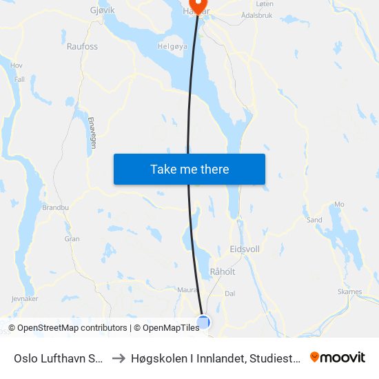 Oslo Lufthavn Stasjon to Høgskolen I Innlandet, Studiested Hamar map