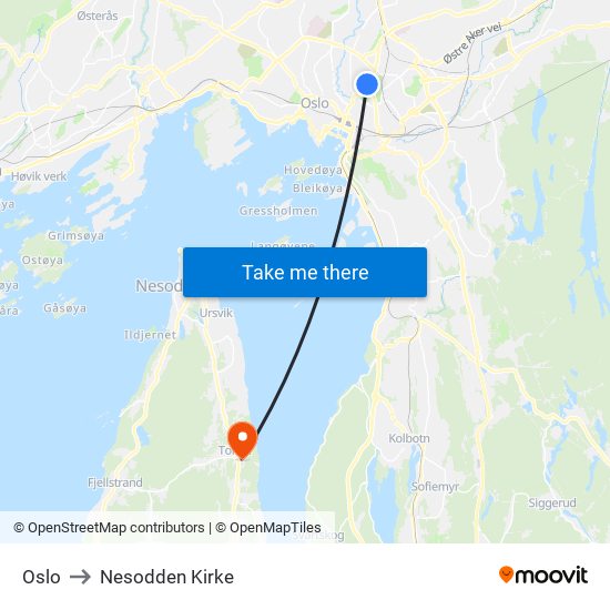Oslo to Nesodden Kirke map