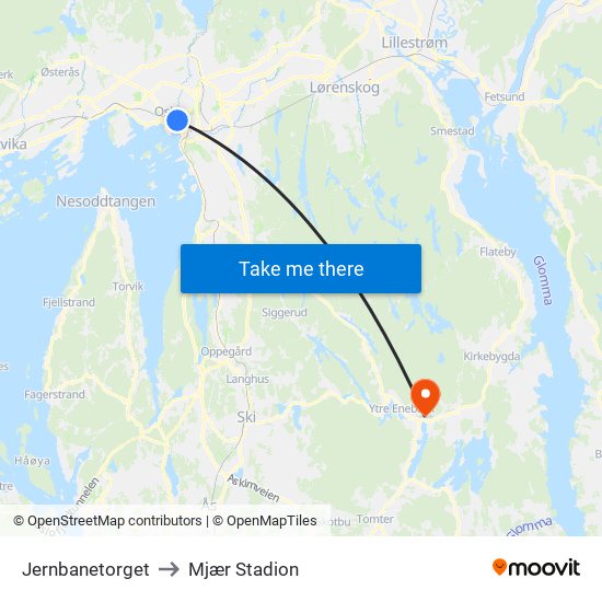 Jernbanetorget to Mjær Stadion map