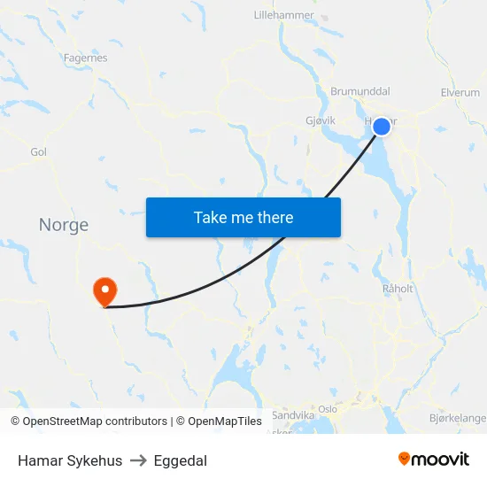 Hamar Sykehus to Eggedal map