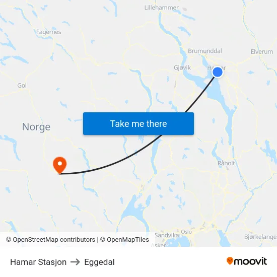 Hamar Stasjon to Eggedal map