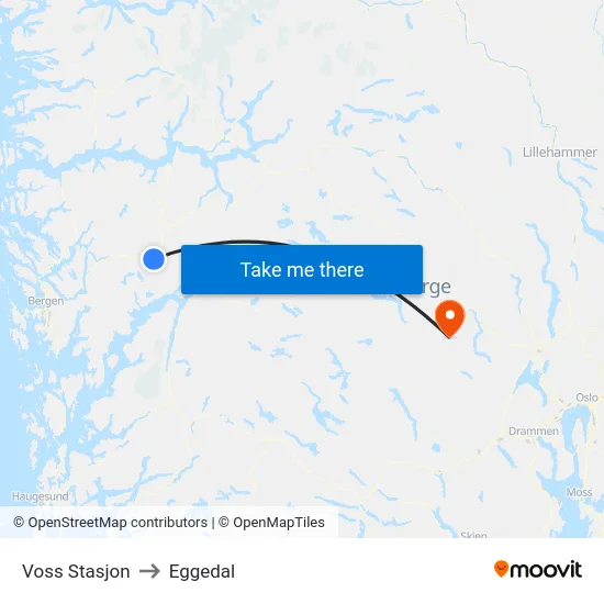 Voss Stasjon to Eggedal map