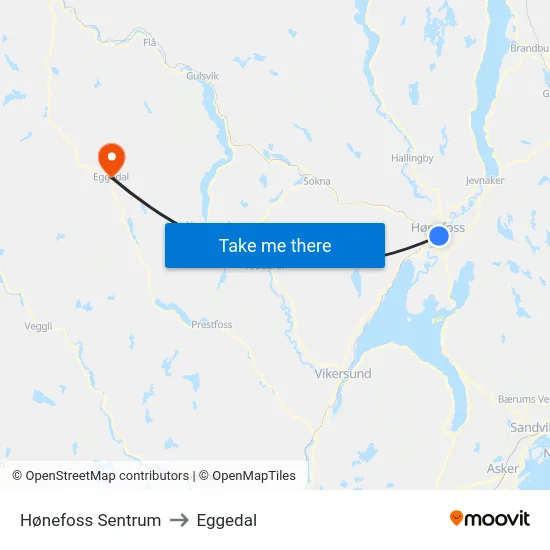 Hønefoss Sentrum to Eggedal map