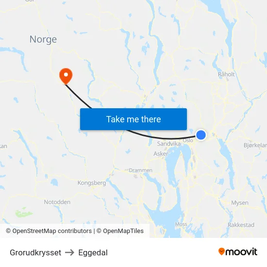 Grorudkrysset to Eggedal map