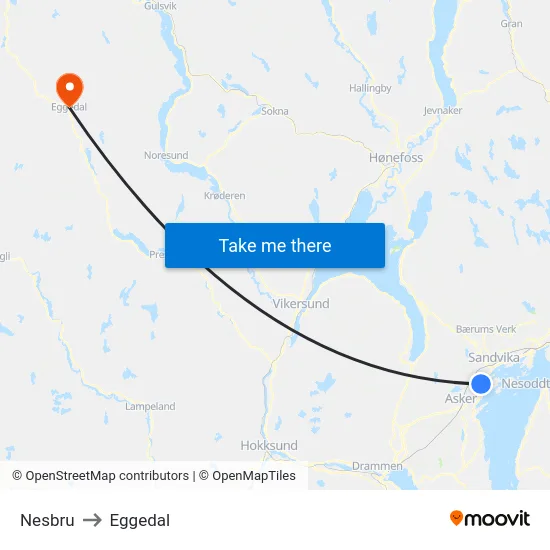 Nesbru to Eggedal map