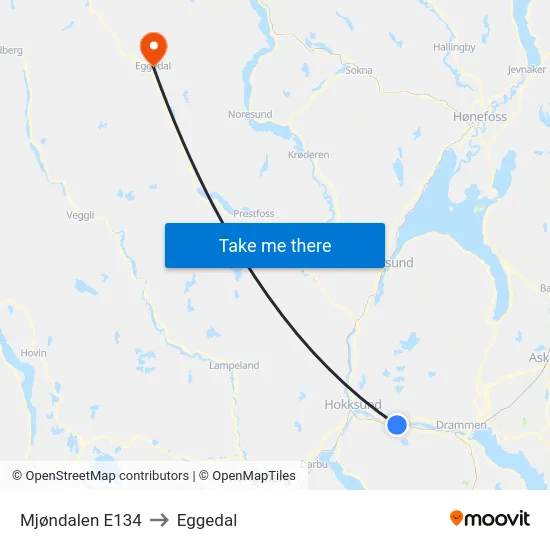 Mjøndalen E134 to Eggedal map