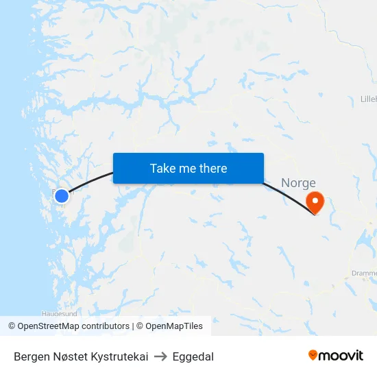 Bergen Nøstet Kystrutekai to Eggedal map