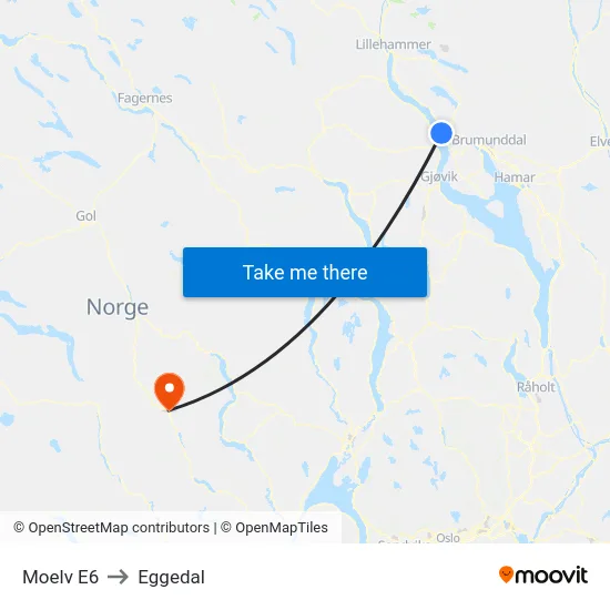 Moelv E6 to Eggedal map