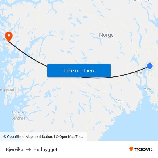 Bjørvika to Hudbygget map