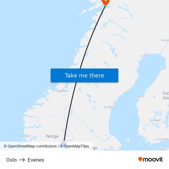 Oslo to Evenes map