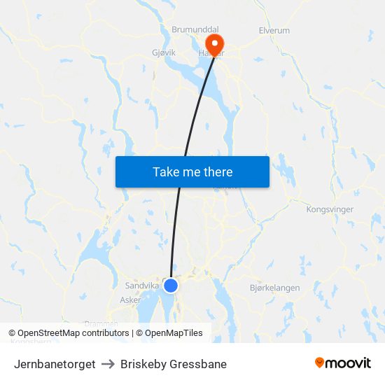 Jernbanetorget to Briskeby Gressbane map