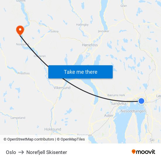 Oslo to Norefjell Skisenter map