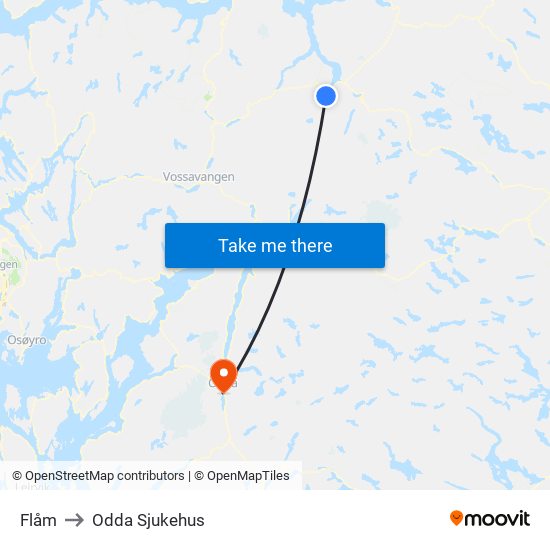 Flåm to Odda Sjukehus map