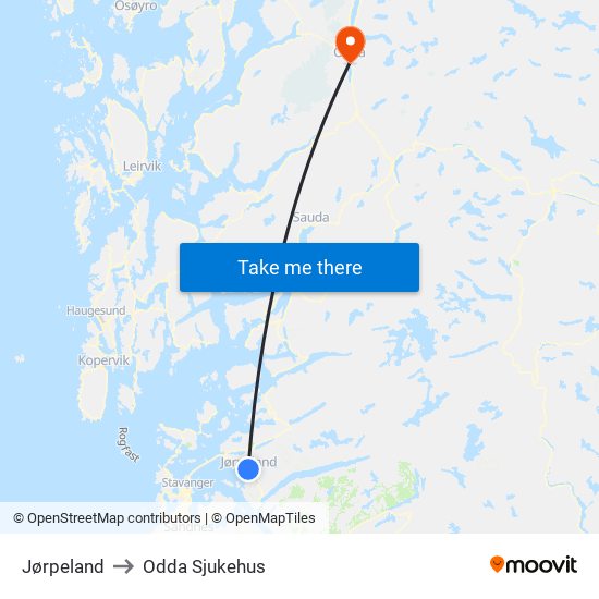 Jørpeland to Odda Sjukehus map