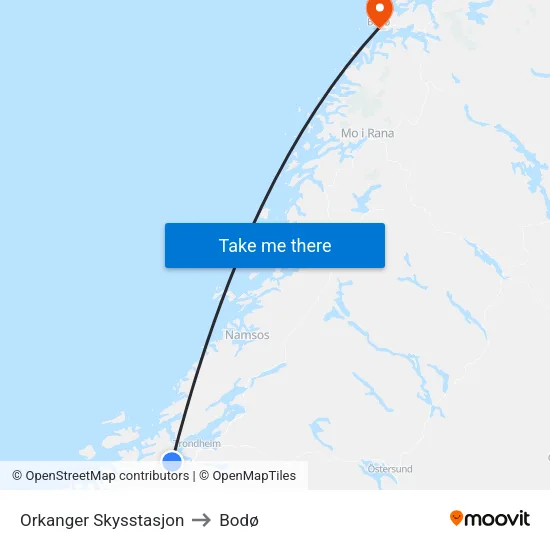 Orkanger Skysstasjon to Bodø map