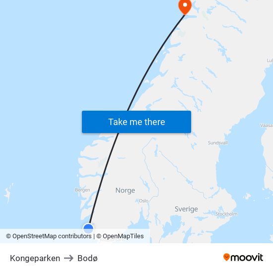 Kongeparken to Bodø map