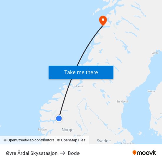 Øvre Årdal Skysstasjon to Bodø map