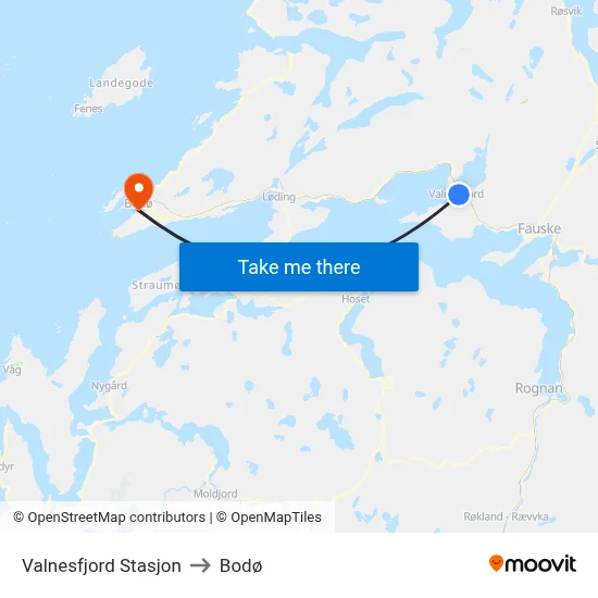 Valnesfjord Stasjon to Bodø map