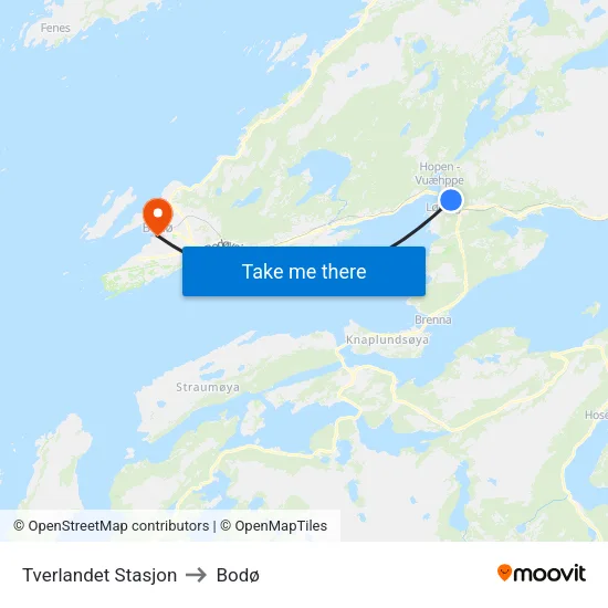 Tverlandet Stasjon to Bodø map