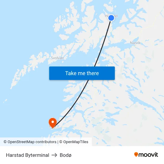 Harstad Byterminal to Bodø map