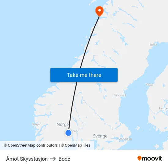 Åmot Skysstasjon to Bodø map