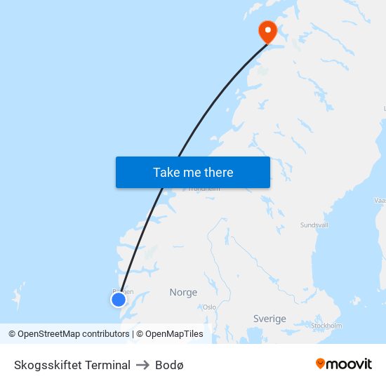 Skogsskiftet Terminal to Bodø map