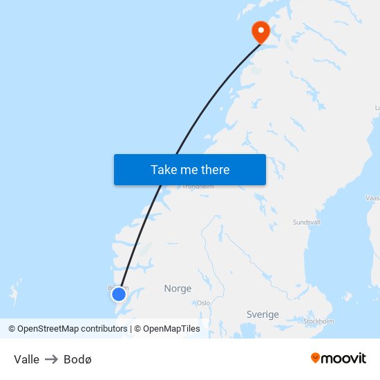 Valle to Bodø map