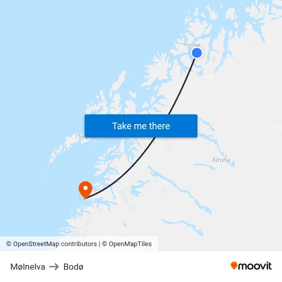 Mølnelva to Bodø map